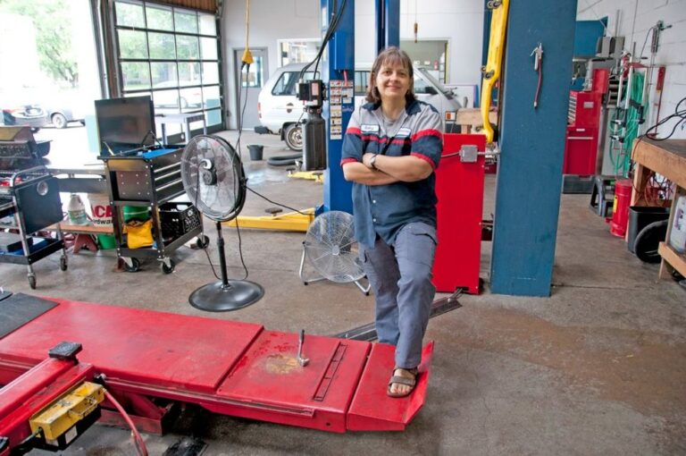 Cathy in repair shop.